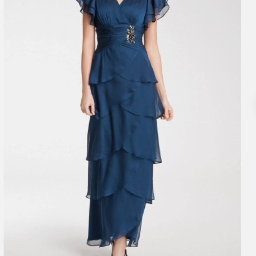 Adrianna Papell Navy Flutter Sleeve Tier Gown - Size 6 - Picture 8 of 16
